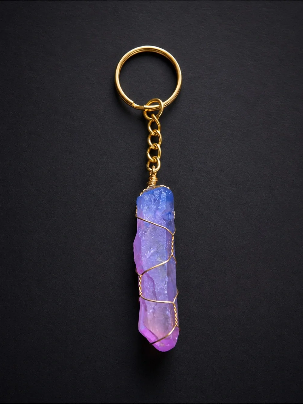 Gold Wire-Wrapped Aura Quartz Keychain - Purple to Blue